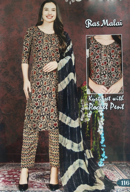 Black Floral 3 Piece Suit (Ras Malai Cotton)