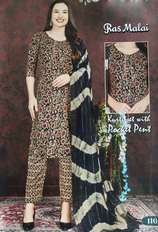 Black Floral 3 Piece Suit (Ras Malai Cotton)