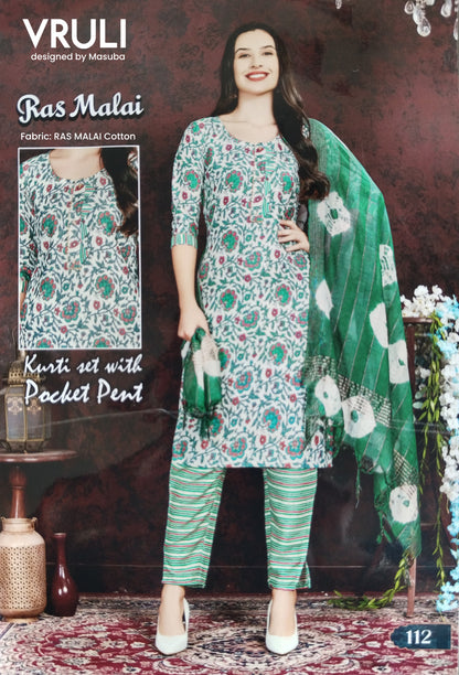 Floral peacock green with cream color based Kurti set with pocket pant and dupatta (Ras Malai Cotton)