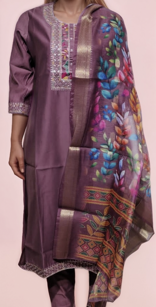 Premium cotton silk 3 piece suit with elegant embroidery.  (Kurti,  pant and dupatta)