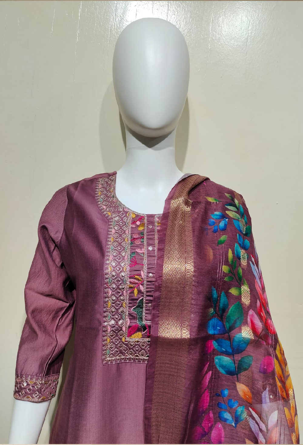 Premium cotton silk 3 piece suit with elegant embroidery.  (Kurti,  pant and dupatta)