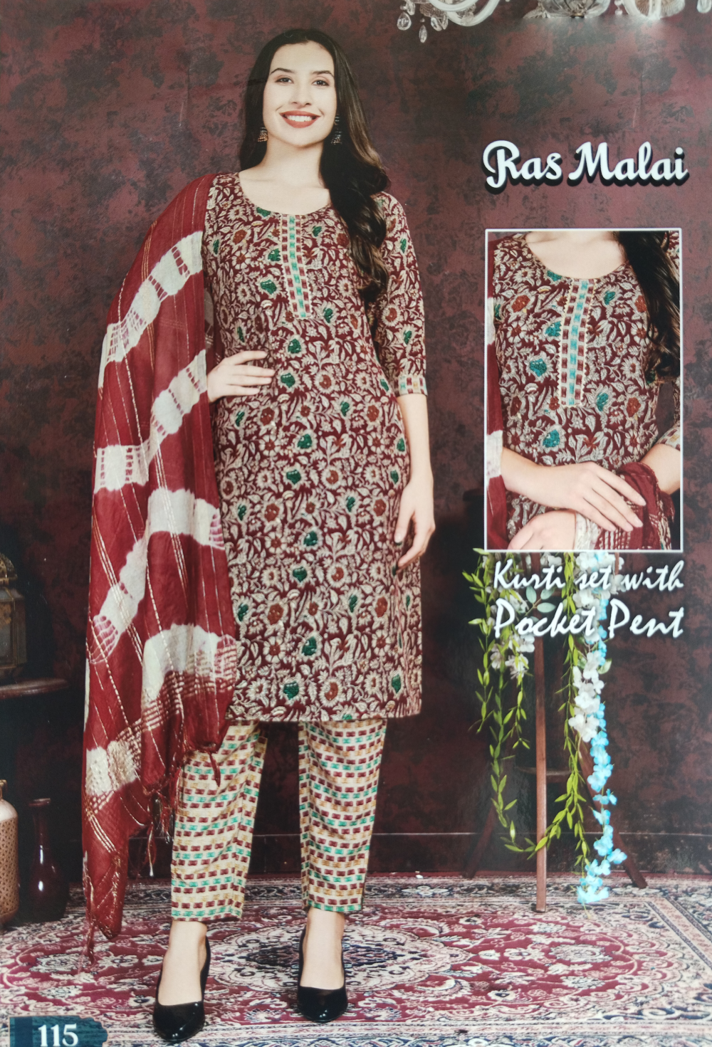 Red Floral 3 Piece Suit (Ras Malai Cotton)